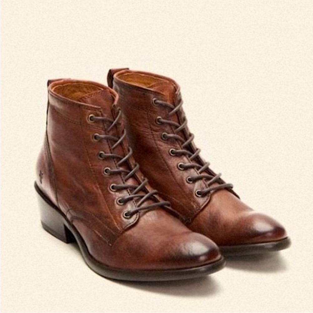 Frye Carson Lace-Up Tan Brown Leather Lace Up Academia Oxford Heeled Ankle Boot - Picture 2 of 16